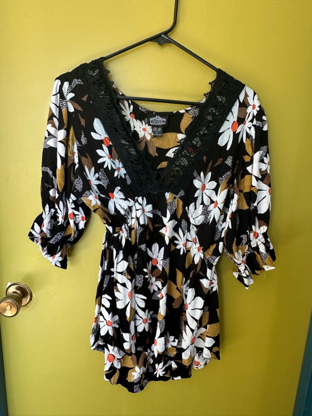 Angie Black Floral V-Neck Lace Trim Women's Top